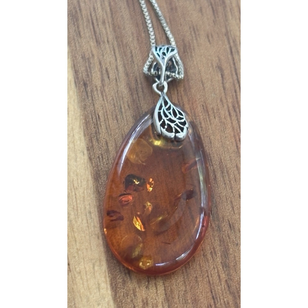 Sterling Silver Amber Pendant With 24" Chain